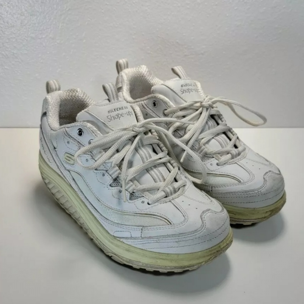 Skechers Shape Ups White Leather Platform Toning Sneakers Tennis Shoes Size 7.5